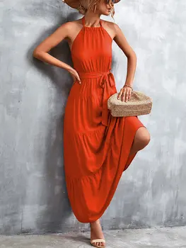 2023 Летнее Макси-платье, женское элегантное вечернее платье с высокой талией на бретелях, Женское трапециевидное Длинное платье для женщин, халаты