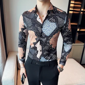 Весенне-летняя мужская тонкая роскошная социальная рубашка, рубашка с цифровым принтом, рубашка с длинным рукавом, мужская клубная рубашка, размер M-4XL