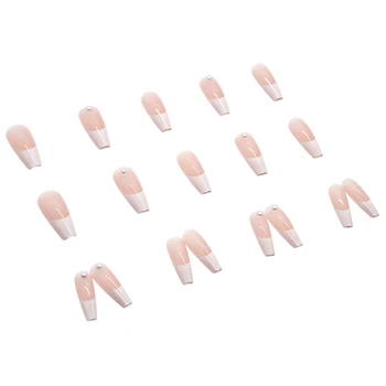 Длинные Накладные ногти с Нежным Розовым Белым Краем Долговечные Безопасные Водонепроницаемые Накладные ногти для ежедневного ношения и Вечеринок
