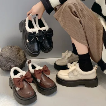Женские кожаные туфли на высоком каблуке с бабочкой и узлом, новинка 2023 года, осенне-зимние универсальные тонкие туфли, плюшевые сапоги Zapatos De Mujer