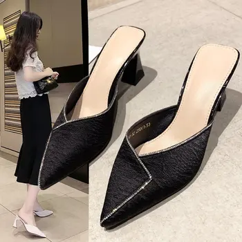 Женские шлепанцы Baotou со стразами, студенческая мода 2023, Новые летние сандалии Mueller на высоком каблуке