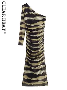 Женское Элегантное Сексуальное платье с асимметрией из тюля с принтом, Модные плиссированные платья с рукавом на одно плечо, Летняя Женская Повседневная уличная одежда 2023 года.