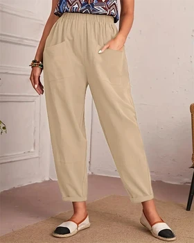 Летние женские хлопчатобумажные льняные брюки с эластичным карманом на средней талии, Тонкие винтажные брюки, Женские Свободные Повседневные Элегантные брюки, одежда