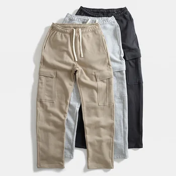 Мужские осенне-зимние свободные тренировочные брюки с прямыми штанинами и множеством карманов