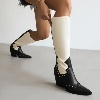 Разноцветные женские длинные сапоги с заклепками, осень-зима, Новые рыцарские сапоги в стиле панк, обувь на толстом высоком каблуке с острым носком, Большой размер 43