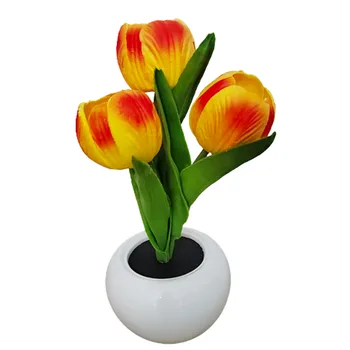 Светодиодная настольная лампа в виде тюльпана, декоративная имитирующая цветочный горшок лампа на батарейках для декора настольных полок в помещении